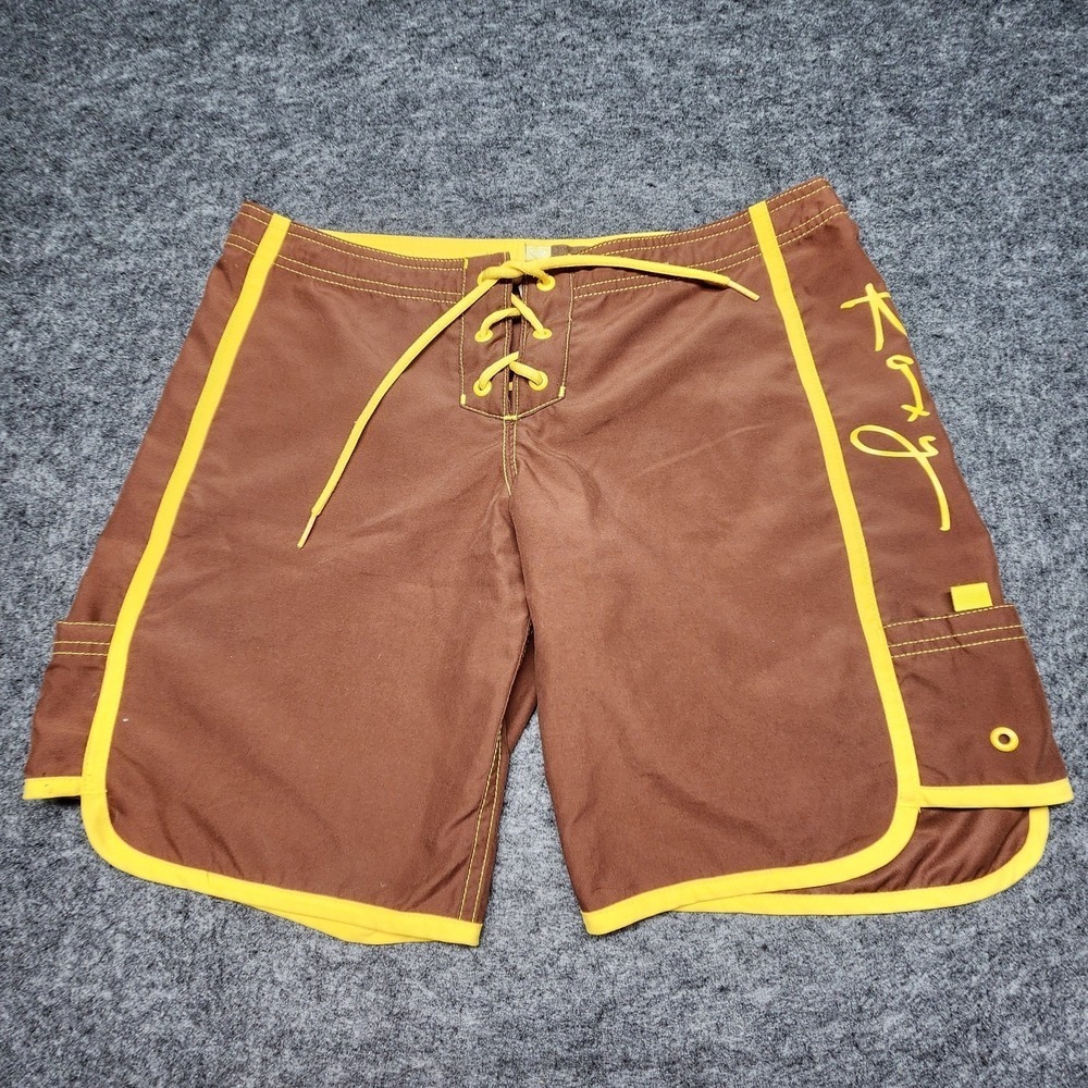 Roxy Vintage 90s Y2K Nylon Board Shorts Tie Waist Brown Yellow Spell Out 3 Surf